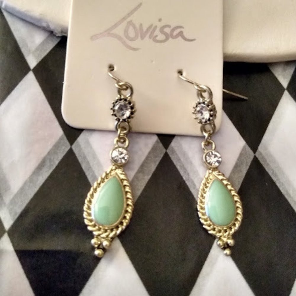 LOVISA Vintage Gold Mint Green Stone/Clear Crystal Dangle Earrings**NEW!